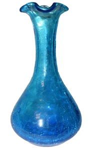 Aqua/Teal Blue Crackle Glass Bud Vase 8" Ruffled Rim Wide Body - Picture 1 of 4