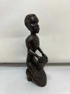 Hand Carved Wooden African Tribal Art Statue Figure Man Paying Drum Kneeling - Picture 1 of 15