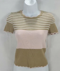 Maison Jules Womens Top XS Beige London Printed Scalloped Fitted Short Sleeve - Picture 1 of 12