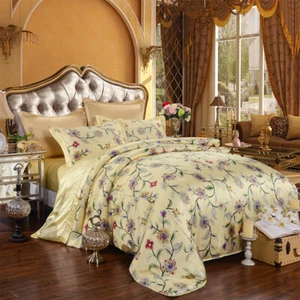 Flowers Bedding Set 4pcs 100% Mulberry Silk Quilt Cover Flat Sheet 2 Pillowcases - Picture 1 of 18