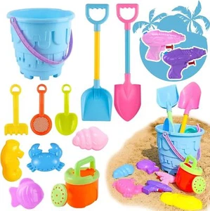 15 Pcs. Sand Beach Toys Set Bucket Shovel Rake Sand Molds w/ 2 Squirt Water Guns - Picture 1 of 9