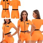 Womens Prisoner Costume Halloween Role Play Outfit Zipper Jumpsuit with Belt