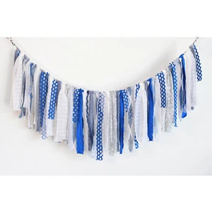Blue Fabric Garland Rag Bunting Beach Wall Décor Boho Party Backdrop 4th July - Picture 1 of 5