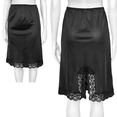 Vintage 70s Black Satin Lace Slip Skirt. XS/S. Lingerie Whimsigoth Coquette Goth - Image 1 of 4