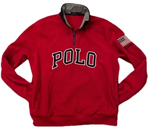 Polo Ralph Lauren Herren L Viertel 1/4 Reißverschluss USA Flagge Spruch rot Fleecepullover - Bild 1 von 9