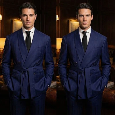 Terno masculino azul marinho com cinto formal negócios casamento noivo smoking calça casaco - Imagem 1 de 4