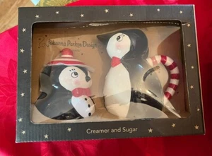 New $38 Retail Johanna Parker For  Magenta  Christmas Penguin Creamer Sugar Set - Picture 1 of 6