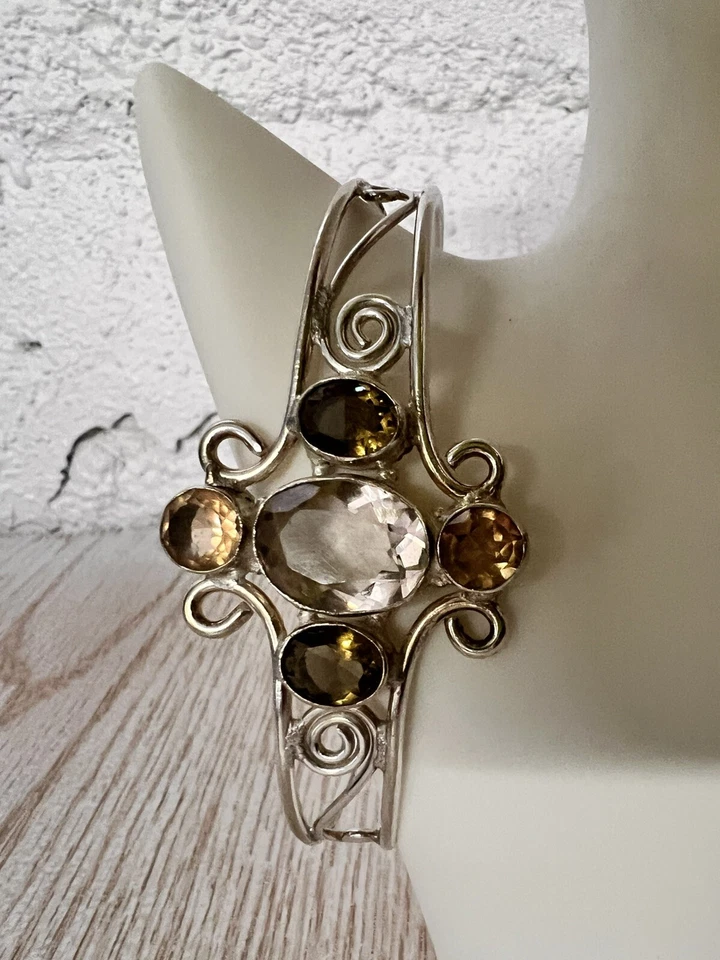 Cuff bracelet Smoky Quartz Topaz Gemstones signed 925 Silver Plated - Image 1 of 4
