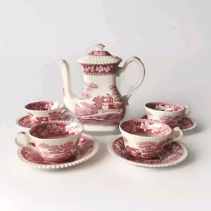 COPELAND SPODE ENGLAND Pink TOWER COFFEE POT 8.5 x 8.75 w/ 4 cup and saucer - Picture 1 of 9