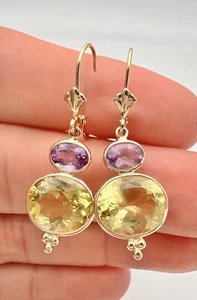 Designer 14K Yellow Gold Oval Amethyst & Lemon Quartz Dangle Earrings - Picture 1 of 5