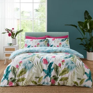 Catherine Lansfield Aruba Tropical Floral Reversible Duvet Cover Bed Set Green - Picture 1 of 12