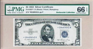 USA, $5, 1953, Fr#1655*, PMG 66 EPQ, Silver Certificate, Rochowiak Collection - Picture 1 of 4