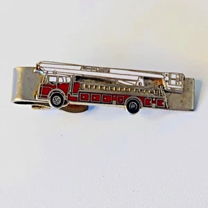 Hook Fast Fire Truck Tie Clip Silvertone Enamel Red and White Ladder truck 1.5" - Picture 1 of 8