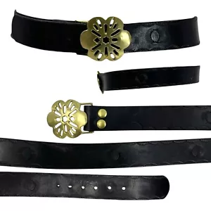 Vintage 60s 70s Womens M L Heavy Leather Belt Handtooled Wide Solid Brass Buckle - Picture 1 of 24