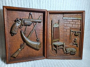 Vintage 3D Plaques Wood Carved Fireplace Wall Hearth Arms Chair Rug Pan Set Cat - Picture 1 of 9