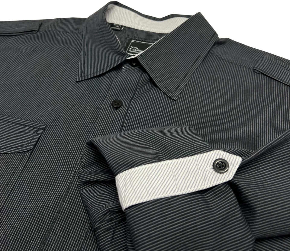 Camisa masculina 7 diamantes (L) preta cinza listrada botão para cima dragonas mangas aba rolo - Imagem 1 de 4