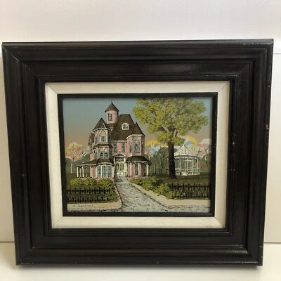 Signed H. Hargrove Serigraph Painting Pink House Tree Garden House Framed Mint - Image 1 of 4