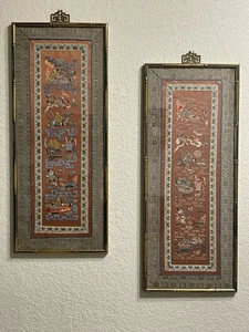Antike gerahmte chinesische handgestickte verbotene Stichplatten Gold vergoldet 10x24 Zoll - Bild 1 von 9