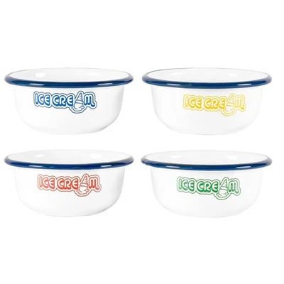 Set of 4 White Enamelware Metal 7 oz Ice Cream Bowls, Multicolor Prints/Blue Rim - Image 1 of 4