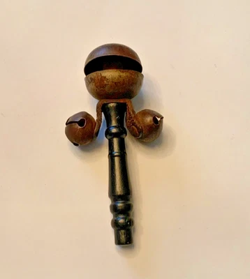 Antique Victorian Brass  Wood Handle Baby Rattle Bells Jingle Bells 4.75 INCHES - Image 1 of 2