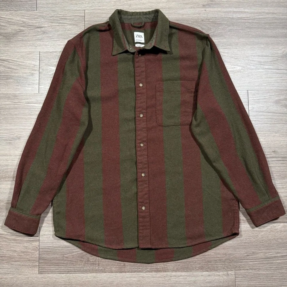 Мужская рубашка Zara из коричневой и зеленой шерстяной смеси фланнальная на пуговицах размер XL - Изображение 1 из 4