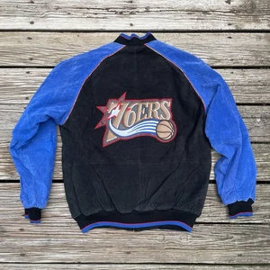 Giacca vintage Philadelphia 76ers Carl Banks G-III M scamosciata cappotto basket pelle - Foto 1 di 9