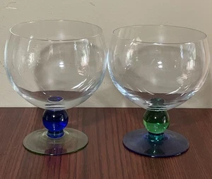 2 Blue & Green Ball Stem Brandy Glasses - Picture 1 of 5