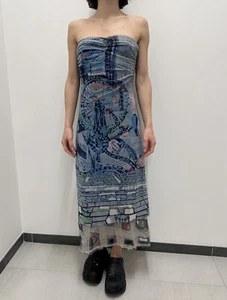Save The Queen Mesh Nylon Festival blau bedruckt trägerlos Boho Vintage y2k Kleid - Bild 1 von 17
