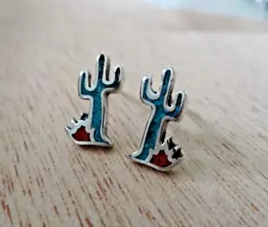 Sterling Silver TINY 12x8mm Blue & Red Stone Saguaro Cactus Stud Earrings! - Picture 1 of 3