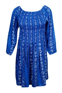 Boho Gypsy Hippy Blue Printed Fit Flare Fitted Summer Beach Festivals Dresses ML