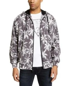 Guess Mens Palm Print Jacket M Grey Hooded Full Zip $148 - Picture 1 of 1