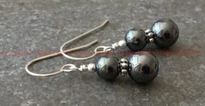 Beautiful 6mm 8mm Grey Hematite Gemstone Classic Round Beads Hook Earrings - Picture 1 of 12
