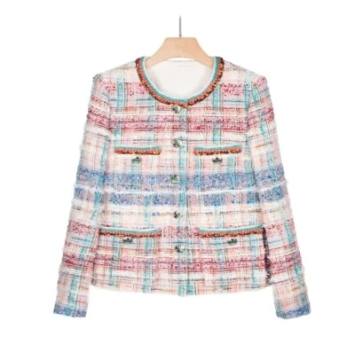 Chaqueta Hecha a Mano Tweed Boucle Multicolor Con Botón Esmaltado Talla L Foto 1 de 4