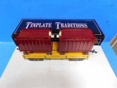 MTH Ives Standard Gauge Tinplate 196C Circus Flat Car W/ 2 Red Wagons 10-1125D S - Image 1 of 4