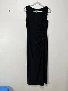 LAUREN Ralph Lauren Evening Black Column Dress 14P Floral Applique Formal Maxi  - Picture 1 of 13