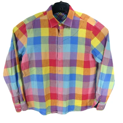 Bugatchi Uomo Men's Colorful XL Linen Checker Roll Tab Sleeve Flip Cuff Shirt - Image 1 of 4