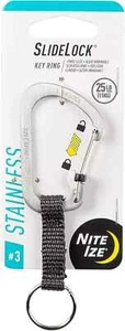 Slidelock Key Ring, Aluminum Locking Carabiner Key Chain with Webbing, Stainless - Picture 1 of 6