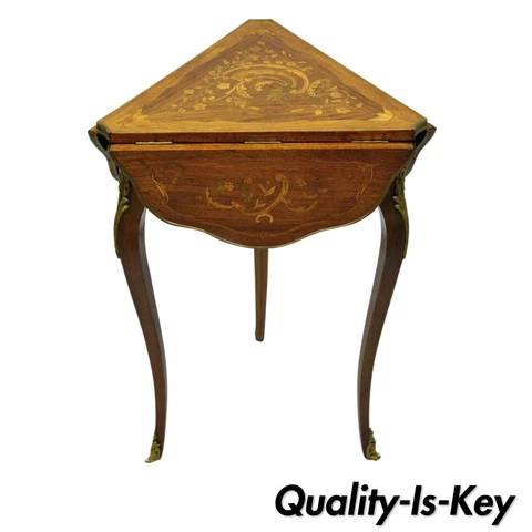 French Louis XV Style Satinwood Inlay Drop Leaf Side Table w/ Bronze Ormolu Cover