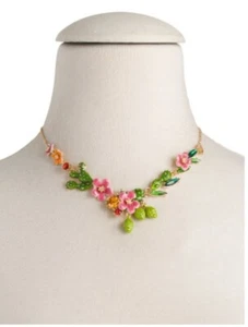 Betsey Johnson Flower Cactus Parrot Gold Pink Green Enamel Necklace Jeweled  HTF - Picture 1 of 4