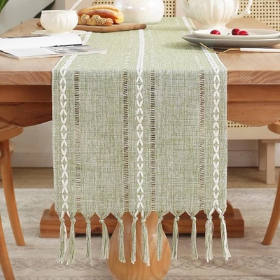 Rustic Table Runner 带流苏,Farmhouse Boho 桌巾编织条纹... — 第 1/4 张图片