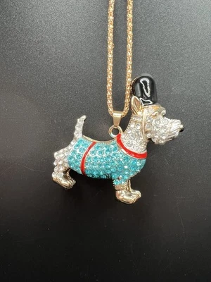Betsy Johnson Dog with a Hat Pendant on Long Gold Necklace Rhinestone Scotty - Image 1 of 4