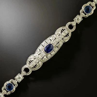 12Ctw Oval Cut Lab Created Blue Sapphire Art Deco Bracelet 14K White Gold Plated - image 1 of 4