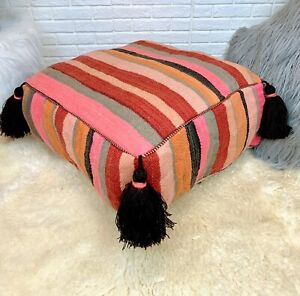 Moroccan Kilim Pouf Tribal Rug Floor Pillow Berber Tassel Ottoman Throw Pouf