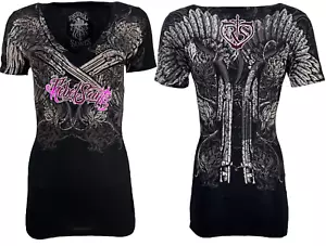 Rebel Saint by Affliction Women's T-shirt Ravenous Biker Tattoo - Picture 1 of 7
