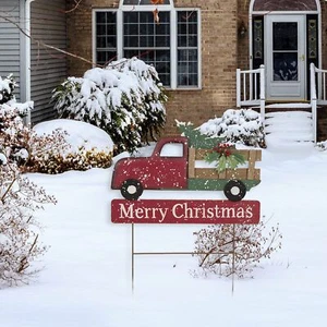 Rustic Wooden Metal Christmas Truck Yard Stake Lawn Garden Standing Sign Lawn... - Picture 1 of 9