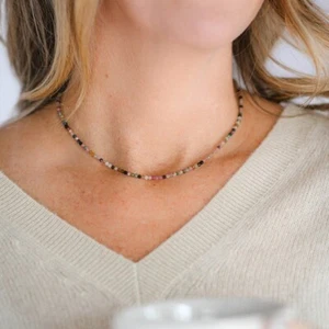 Natural Multicolor Tourmaline Beads Dainty Choker Gemstone Crystal Necklace Gift - Picture 1 of 6