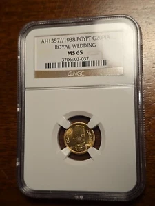 AH1357-1938 Egypt NGC MS65 Gold 20 Piastre G20PIA Royal Wedding King Farouk Nice - Picture 1 of 16