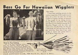 Fred Arbogast Hawaiian Wigglers 1948 No. 2 anuncios impresos de Akron Ohio - Black Bay VA - Imagen 1 de 1