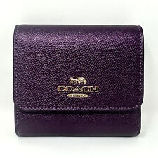 Coach Small Trifold Wallet In Metallic crossgrain leather Plum Purple