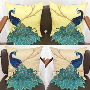 Handmade Sequin Applique Embroidered Blue Peacock Pillowcase Sofa Cushion Cover - Picture 1 of 19